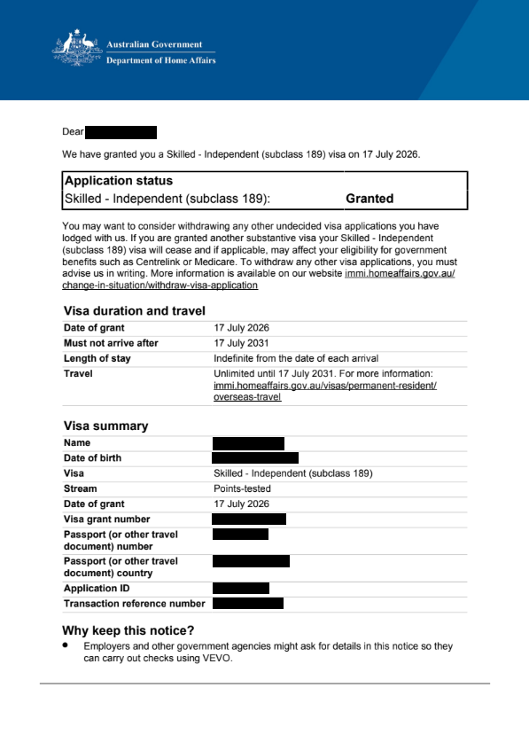 189 비자 승인 서류 (Visa Grant Notice, 개인정보 마스킹)