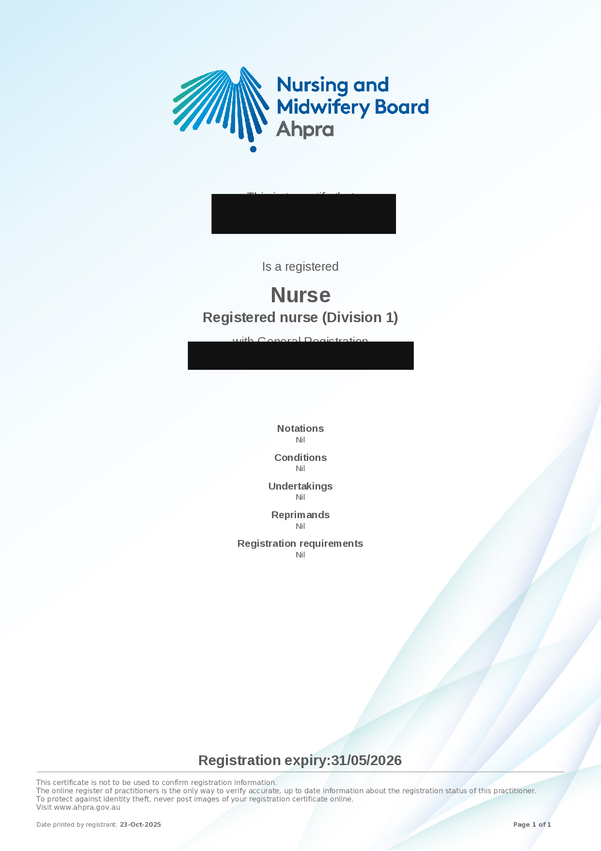 AHPRA 간호사 면허 등록 완료 확인 화면